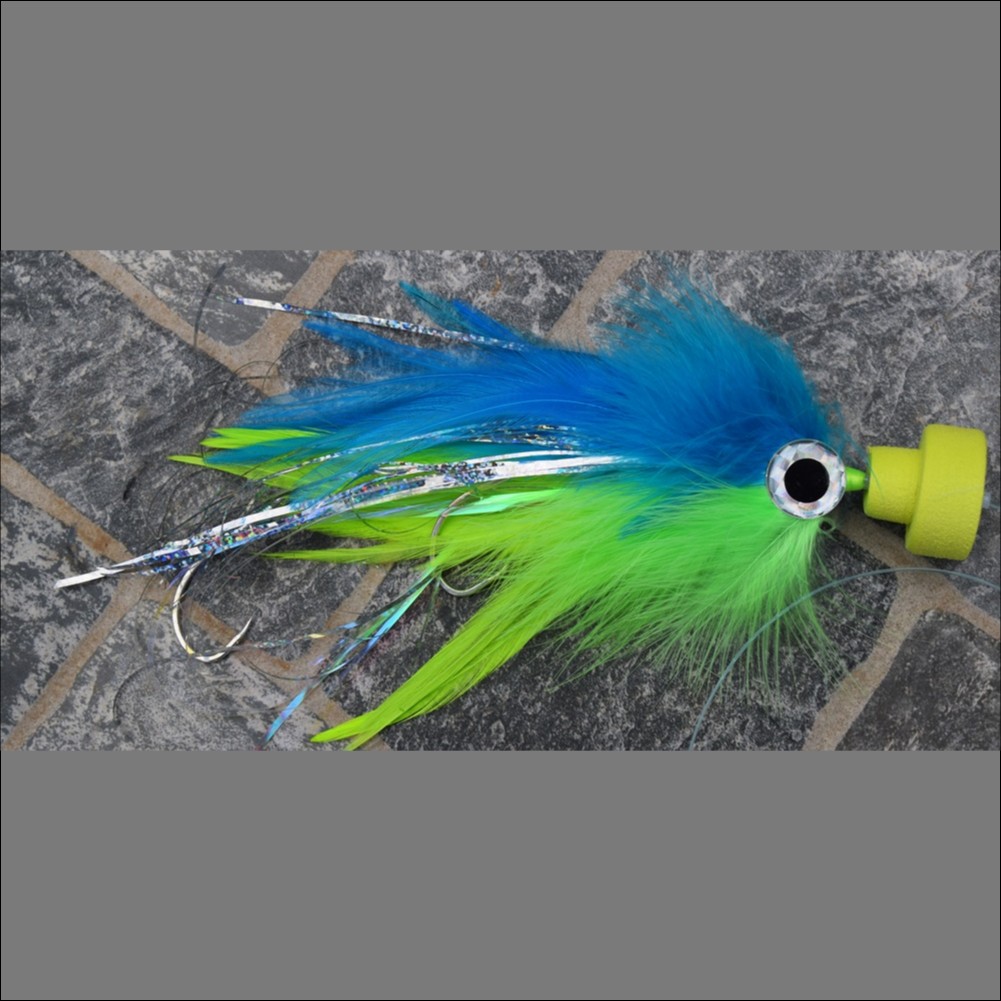 Aki blue and chartreuse rigged with chartreuse popper head
