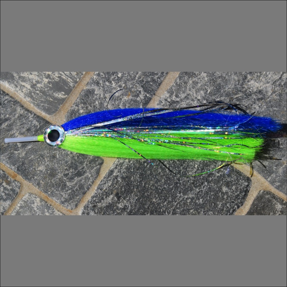 Cabo Blue and Chartreuse Tube Fly for custom marlin and dorado rigging