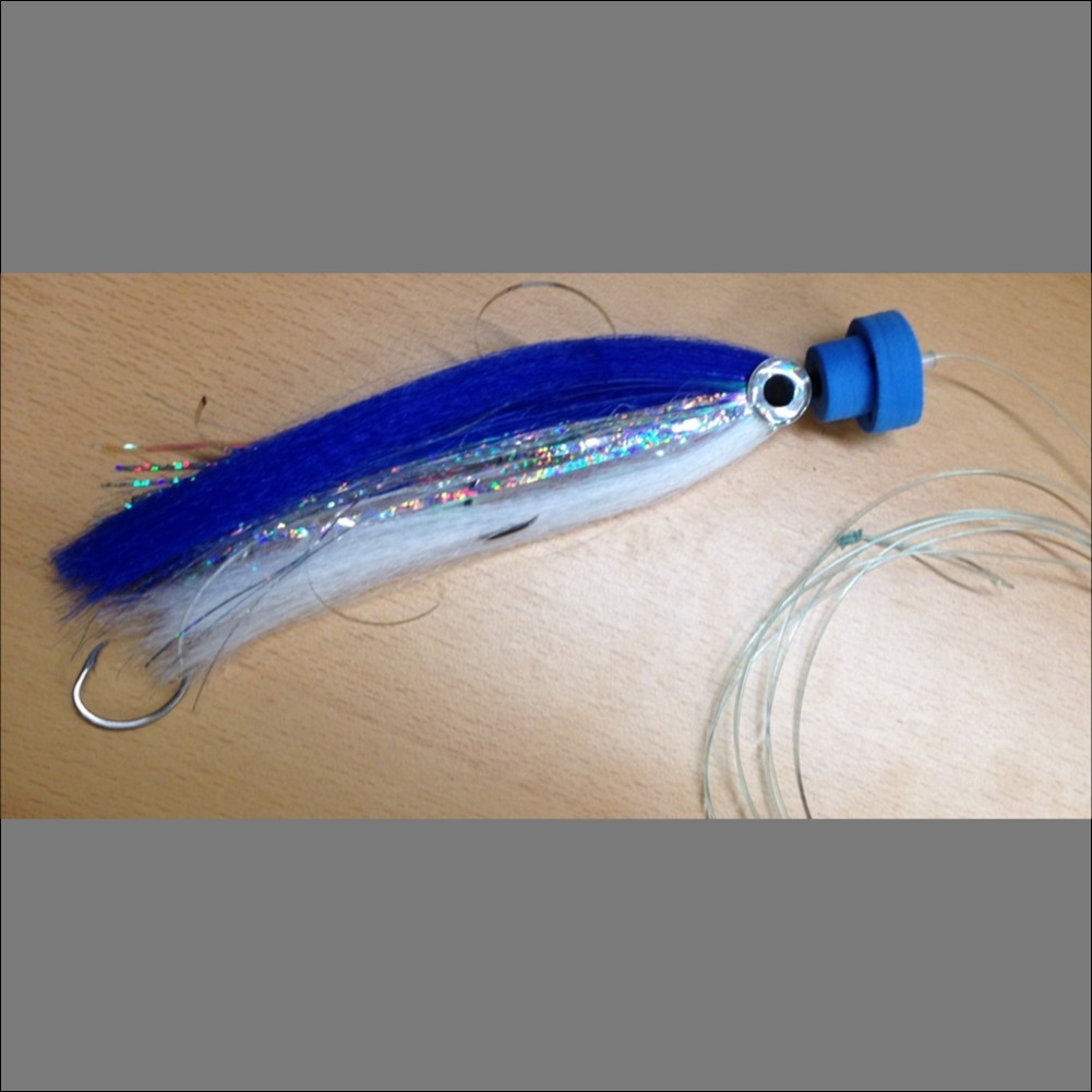 Cabo Blue and White Rigged fly imitating a flying fish for marlin