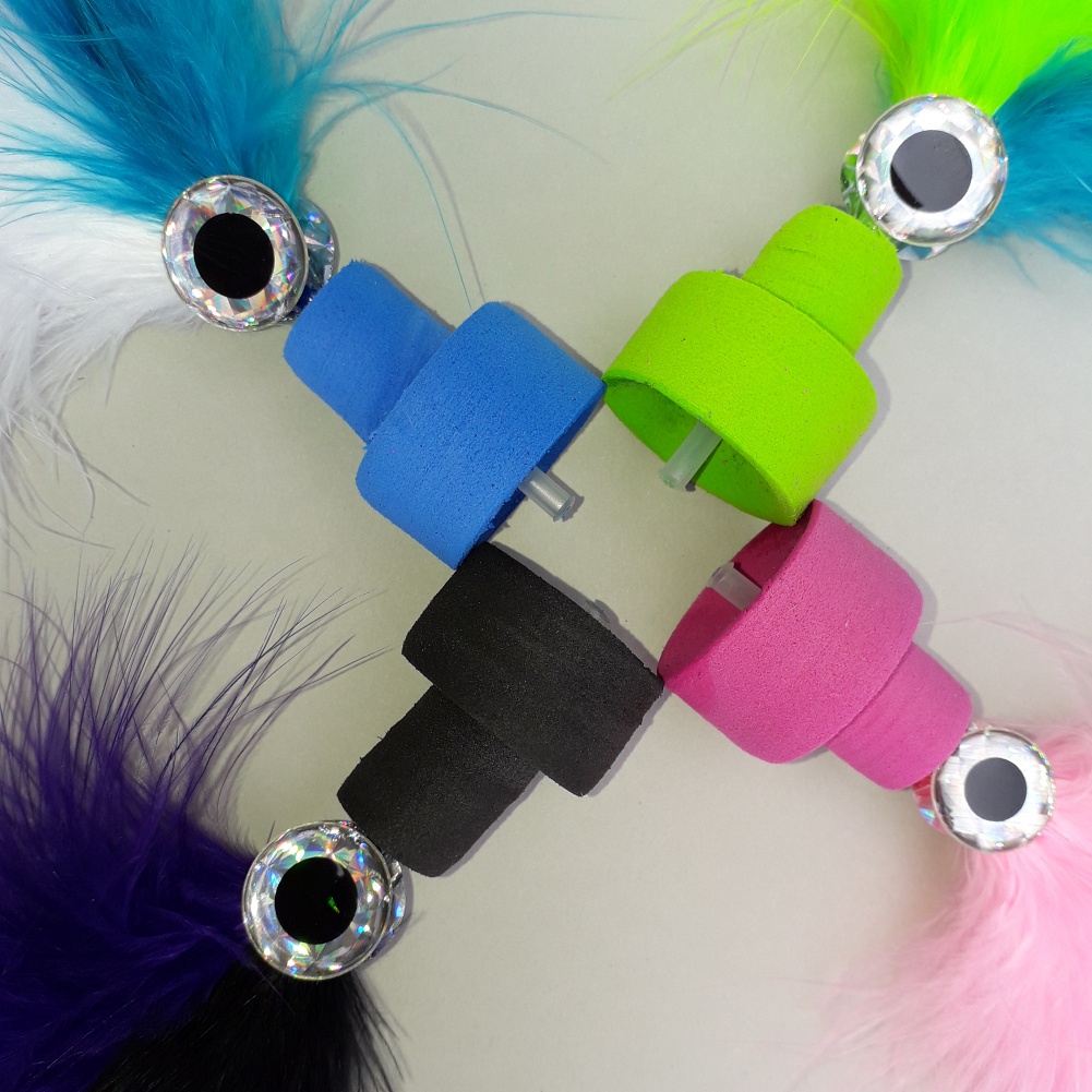 Popper heads in blue, black, pink and chartreuse